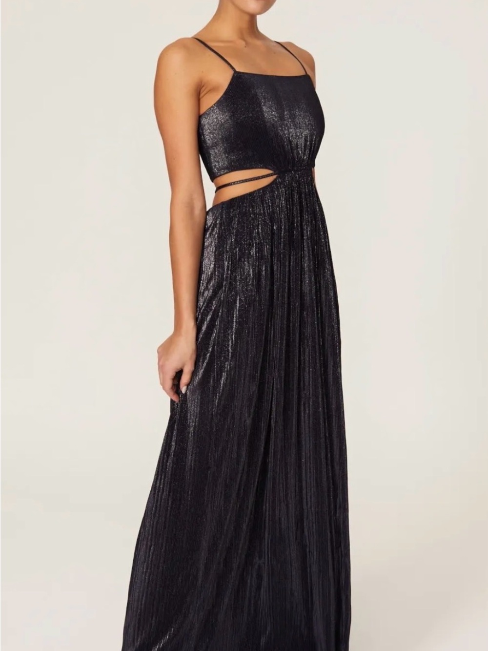 Jonathan Simkhai Daisy Plissé Metallic Cutout Maxi Gown Dark Navy Blue